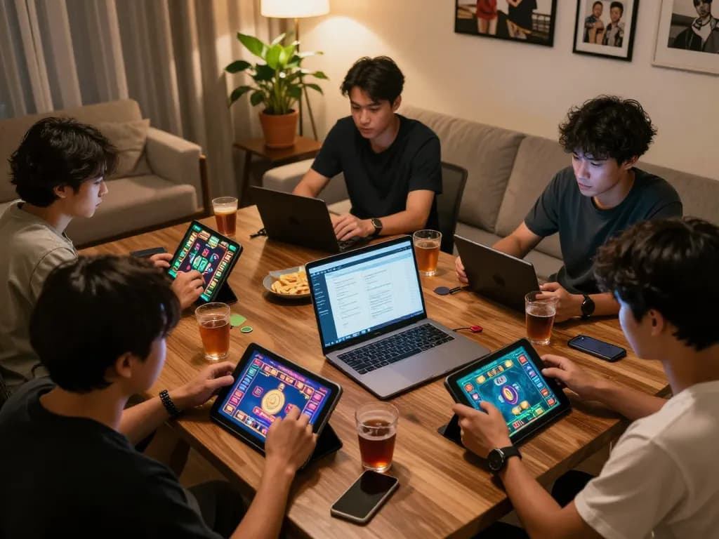 Xoc dia online gameplay session in a cozy living room, players engaged with tablets and strategy notes.
