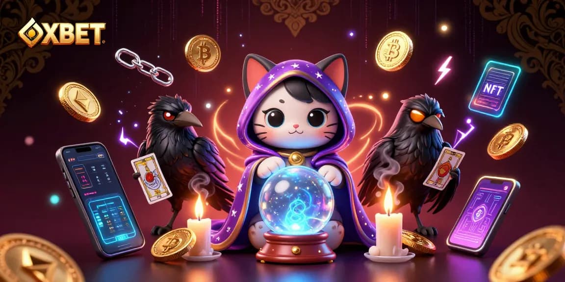 Experience OXBET with a mystical cat and raven amidst shimmering crypto coins in a vibrant casino illustration