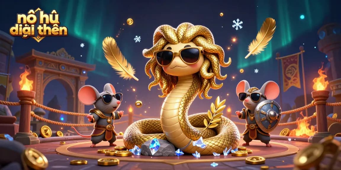 Experience the excitement of nổ hũ đổi thưởng with this vibrant illustration featuring Medusa and a warrior mouse.