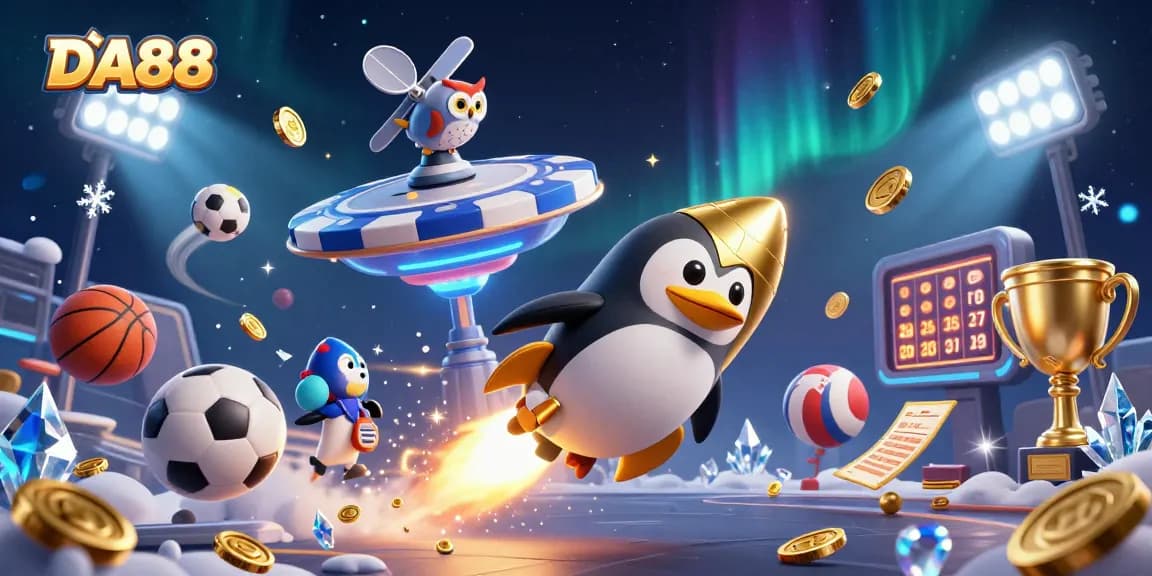 DA88 penguin blasting coins towards a vibrant casino space station in a 3D illustration.