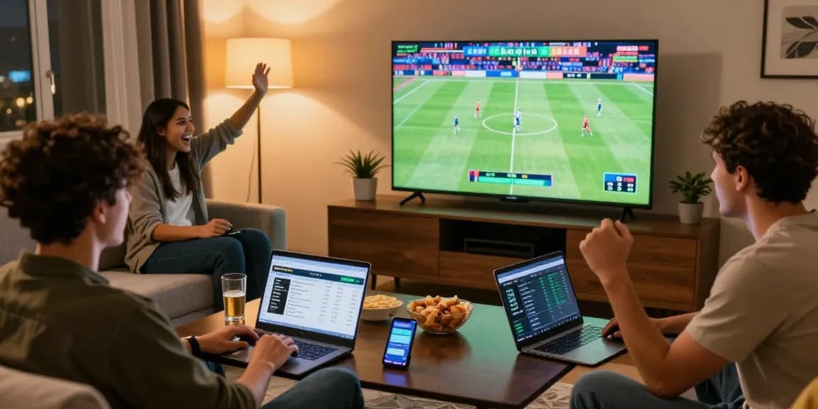 Friends placing bets on BetLabel during an exciting sports night.