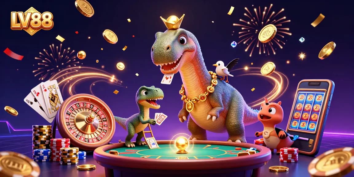 Win big at LV88 with a dazzling casino scene featuring a brontosaurus and exciting game elements.