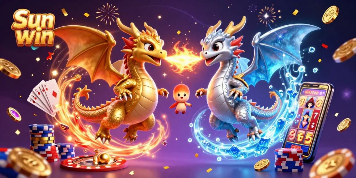 Experience the thrill of Sun win with vibrant 3D dragons, golden coins, and dynamic casino elements.