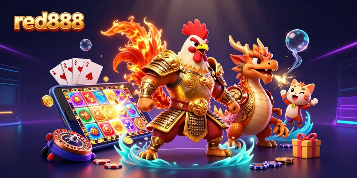 Experience exciting gameplay with red888, featuring a dynamic scene of a cartoon fighting rooster, dragon, and casino elements.