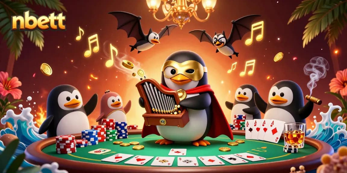 Engaging scene featuring nbett characters with a cartoon penguin and poker elements creating excitement and atmosphere.