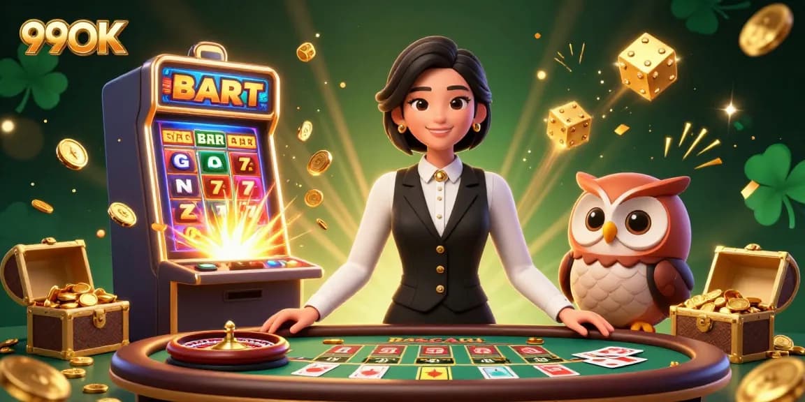 Engage in thrilling gaming with 99OK, showcasing an elegant dealer and vibrant casino elements.