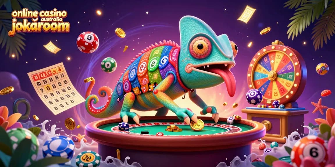 Visualize excitement at the online casino australia jokaroom with a chameleon owner in a vibrant gaming scene.