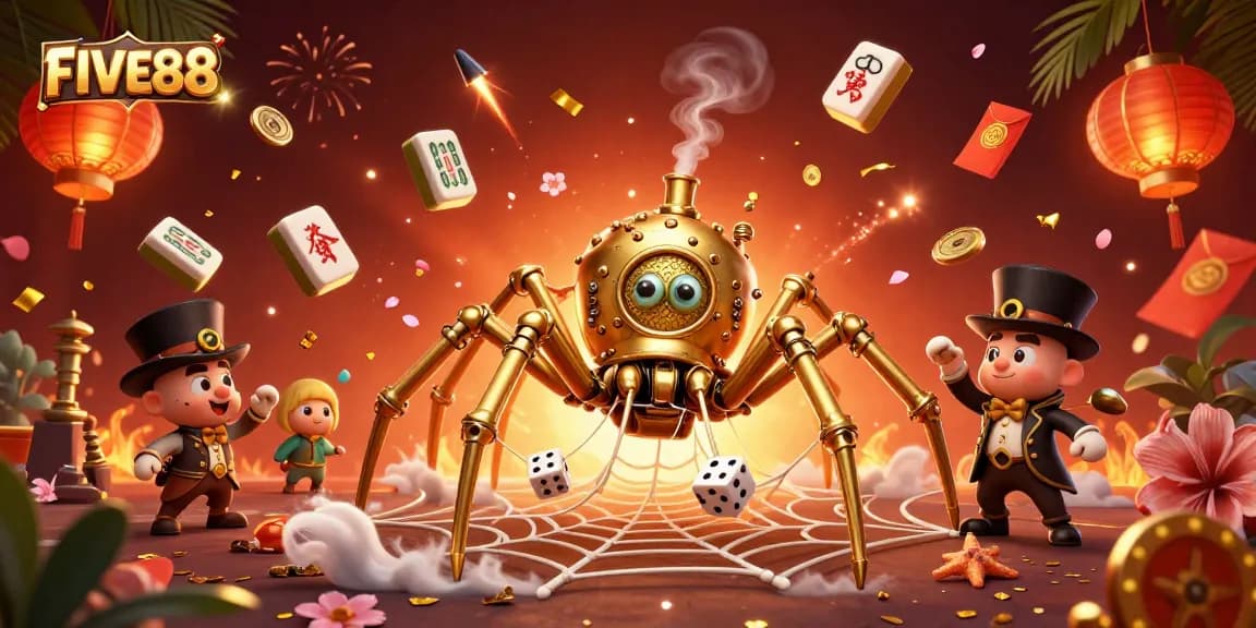 Engage in gambling excitement with FIVE88's immersive gaming scene of 3D characters and vibrant casino elements.