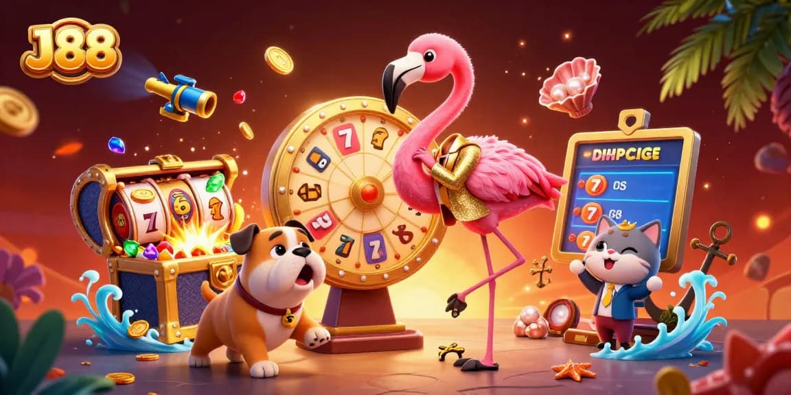 Spin the prize wheel at J88 with vibrant casino symbols and colorful characters.