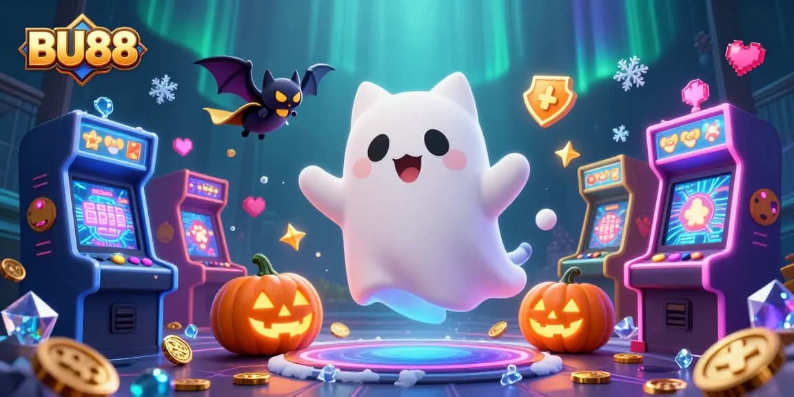 Engage with BU88 in a vibrant haunted casino scene featuring a ghost cat and vampire bat.