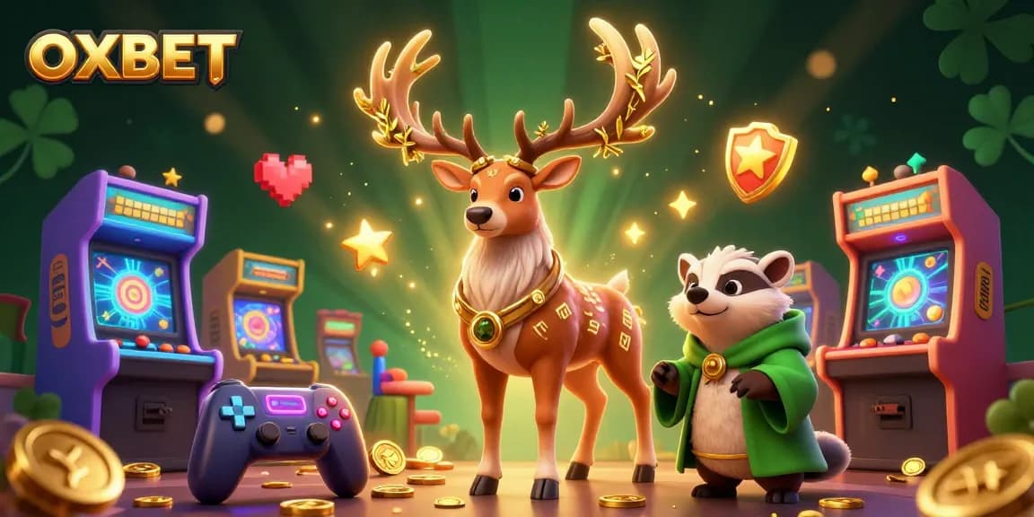 OXBET showcases a vibrant 3D scene with a Celtic druid stag and gaming elements, enhancing your casino experience.