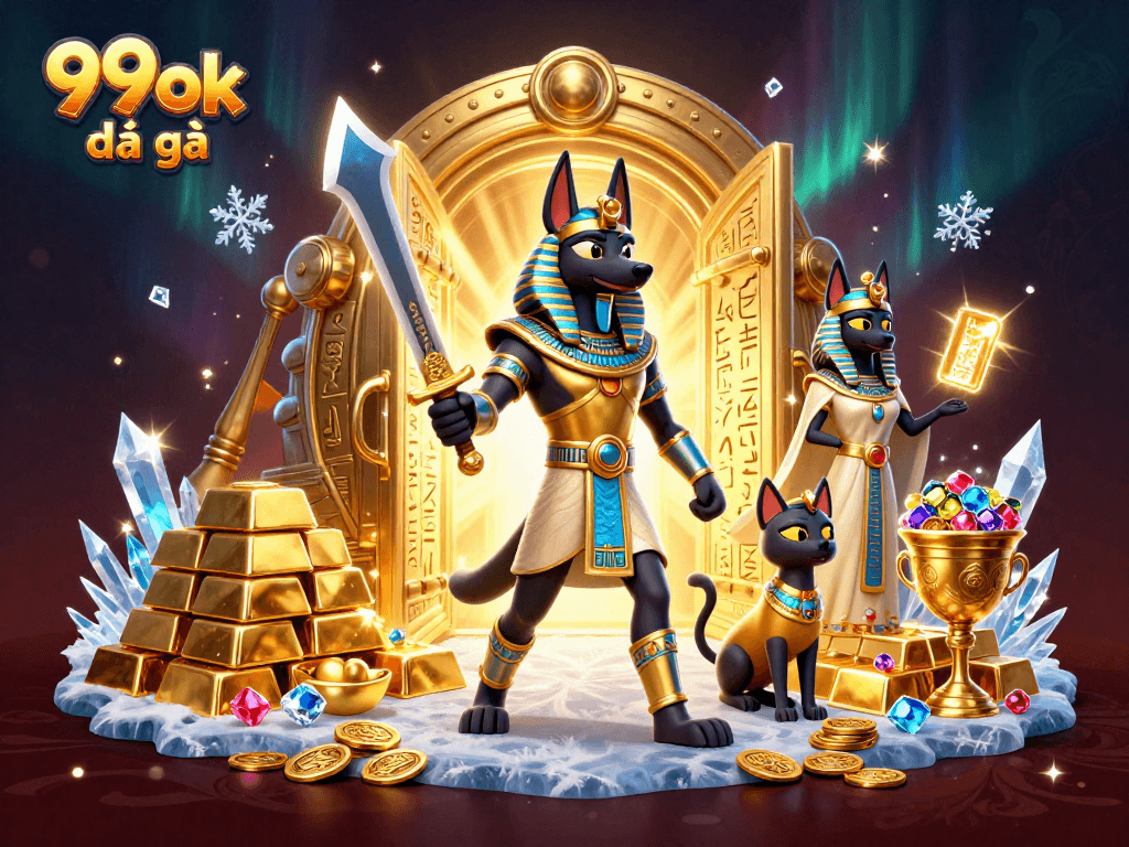 Engage in thrilling 99ok đá gà battles with Anubis and Bastet amidst treasures.