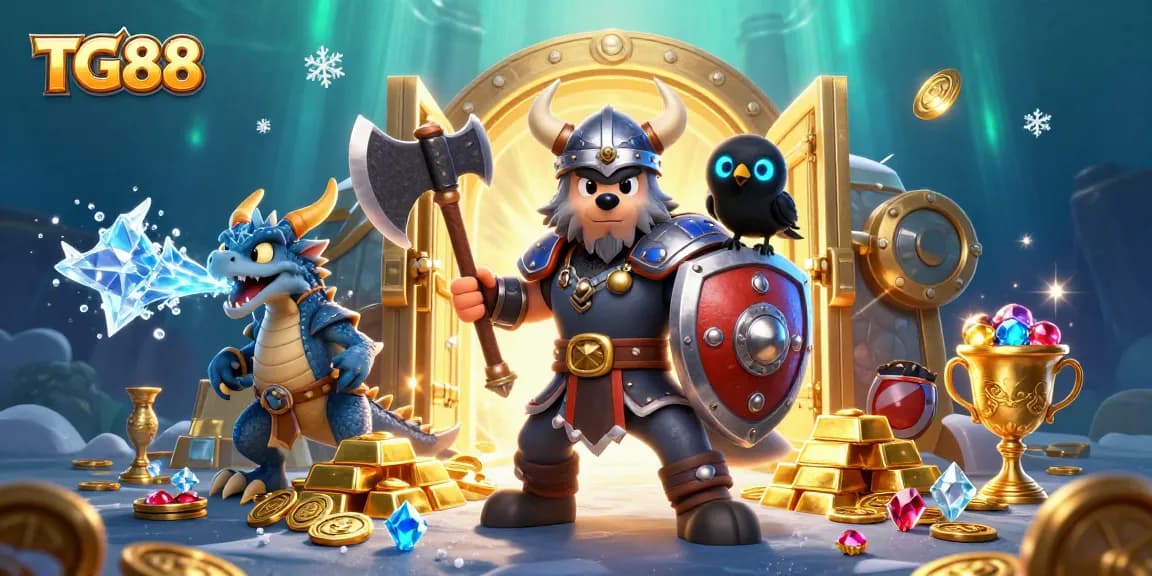 Experience thrilling gaming at TG88 with a mystical Viking warrior, dragon, and treasures.