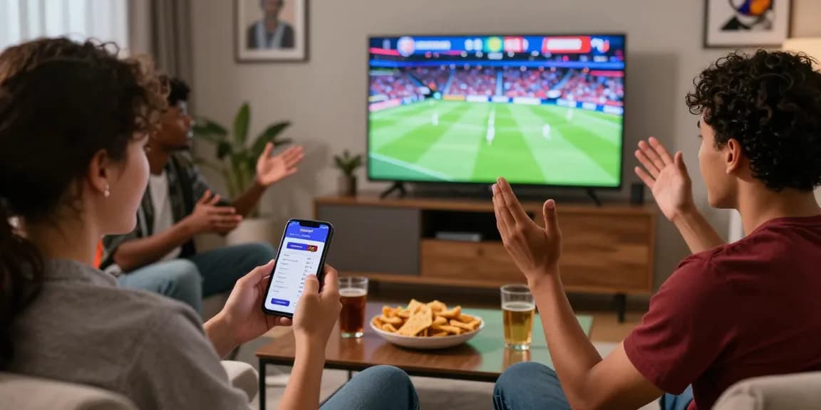 Freunde setzen auf BetLabel mit Smartphones und Snacks in lebhafter Sportumgebung.