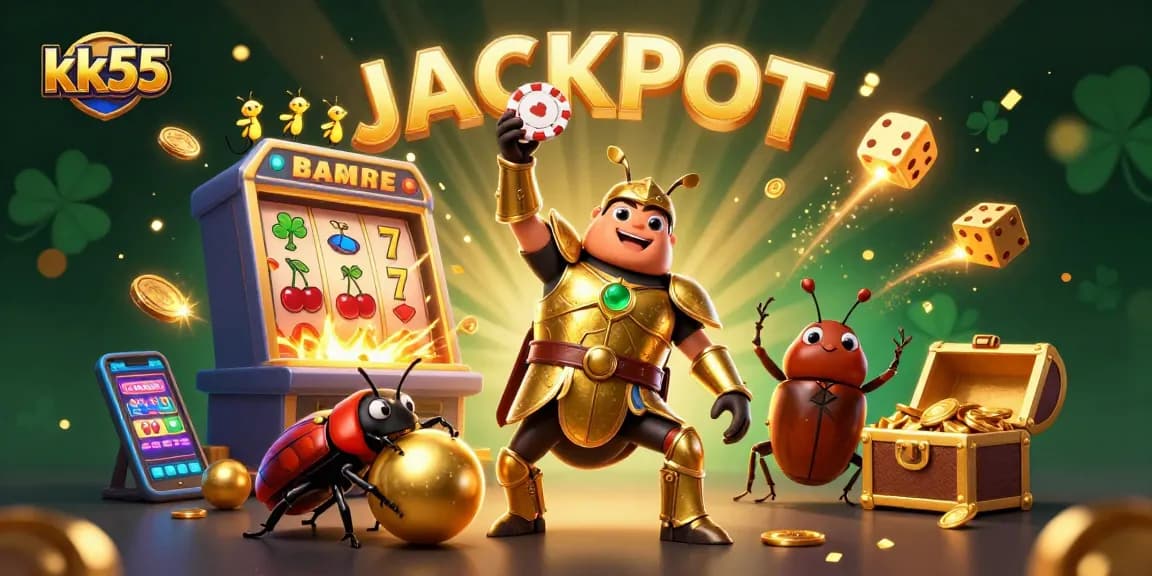 Join the excitement at kk55 as a victorious beetle lifts a poker chip amidst a jackpot explosion!