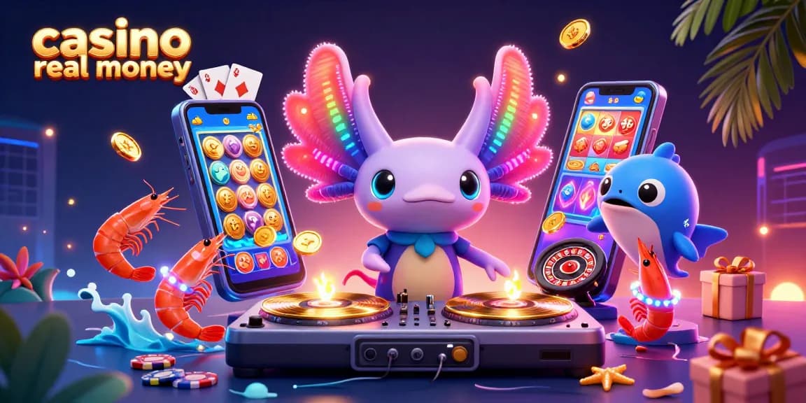 Experience casino real money thrills with a vibrant 3D axolotl DJ and a lively underwater party scene.