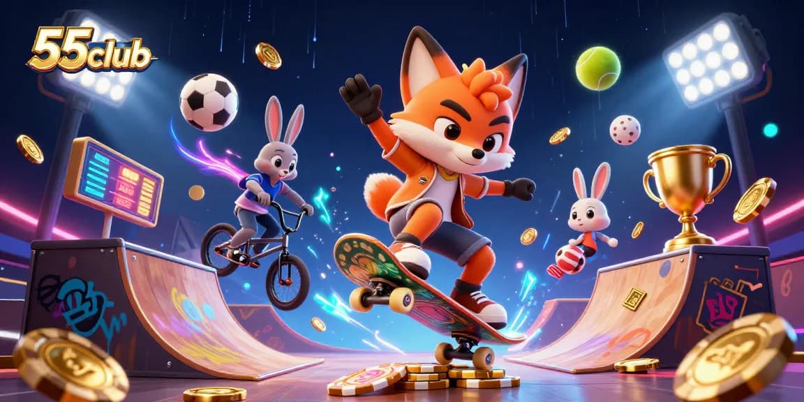 Experience vibrant 55club visuals with a skateboarder fox and BMX rabbit in a dynamic casino setting.