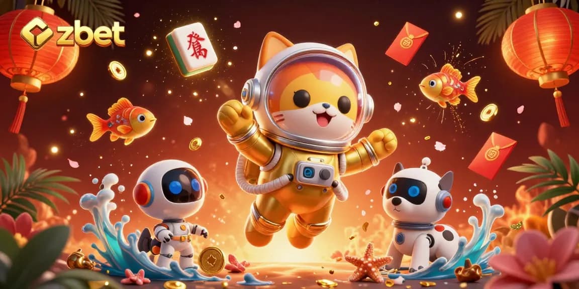 Play thrilling games with zbet, showcasing a vibrant 3D cartoon scene of an astronaut cat and a robot dog.