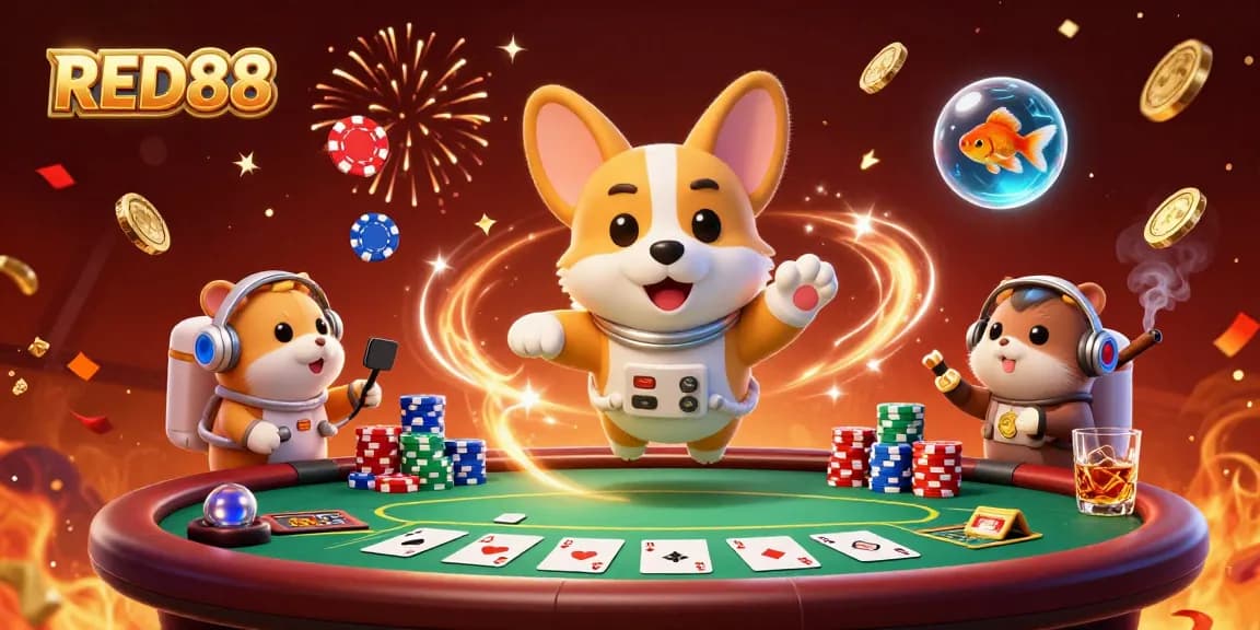 Engage in thrilling gaming at RED88 with a vibrant space casino scene featuring dynamic characters