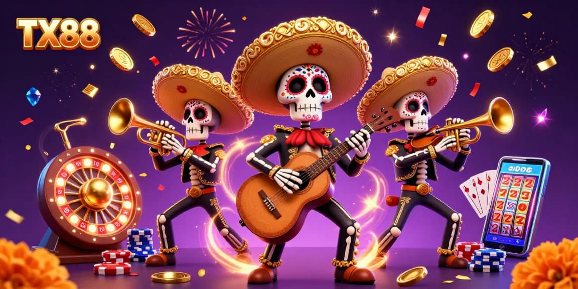 Experience thrilling casino excitement at TX88 with a lively mariachi band, spinning roulette, and festive gems.