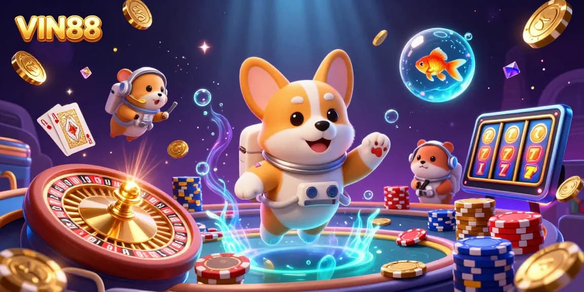 VIN88 offers a playful scene of a 3D astronaut corgi and friends in a floating casino setting.