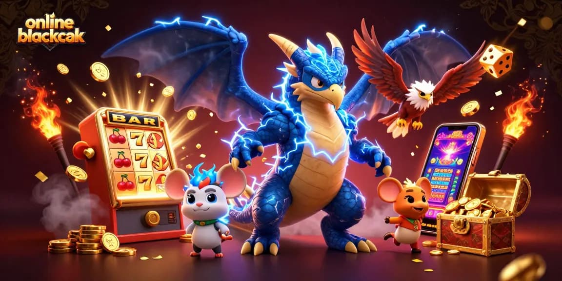 Engage in online blackjack with a vibrant scene of action, featuring exciting casino elements and characters.