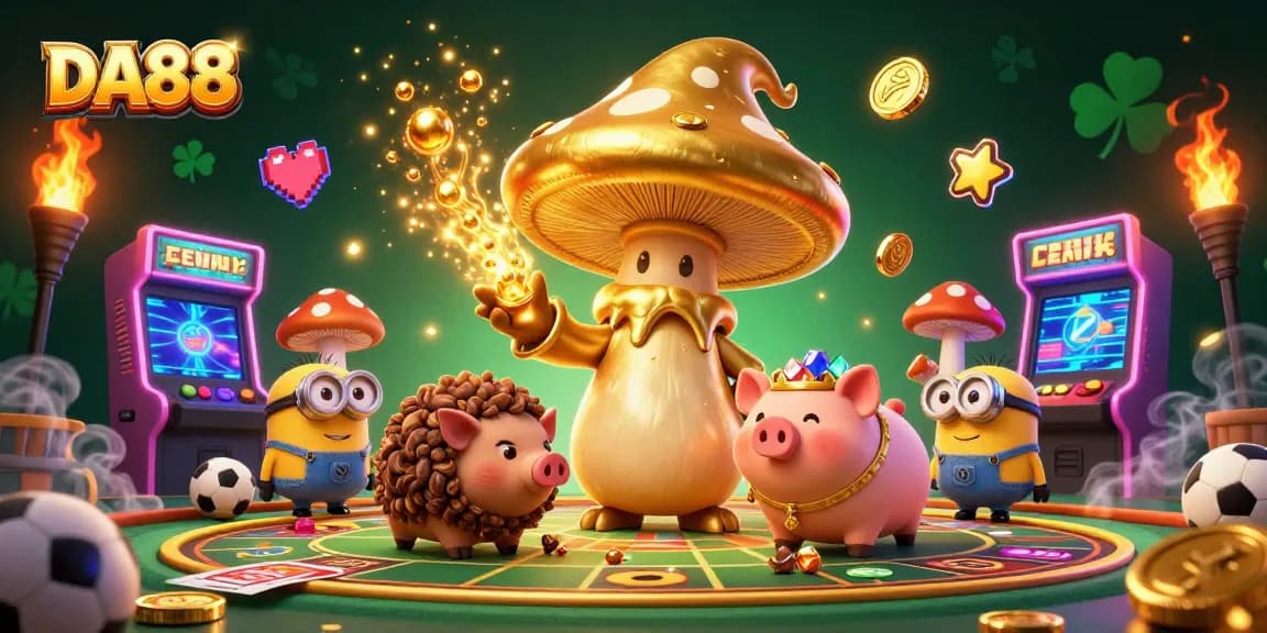 Experience the excitement of sports betting at DA88 with a vibrant magical scene filled with treasures and game elements.