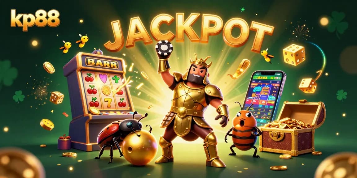 Spin the reels on kp88's thrilling slots and jackpot, featuring a victorious hercules beetle!