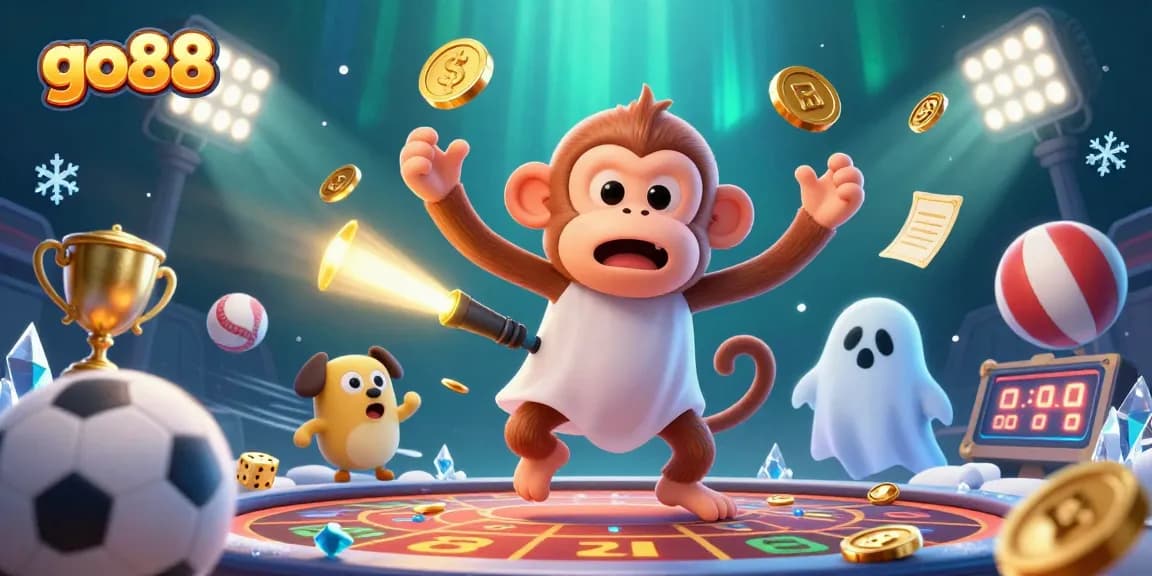 Experience thrilling gaming action at go88 with golden coins and vibrant characters amidst casino excitement.