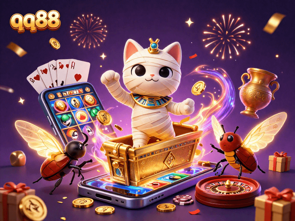 Experience thrilling wins with qq88 in a vibrant casino scene featuring a mummy cat and flying cards.