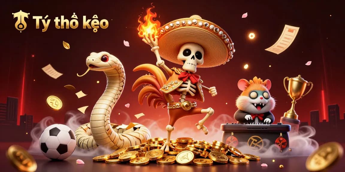 Tỷ lệ kèo showcased with a dancing skeleton rooster and colorful sports elements in a dynamic casino scene