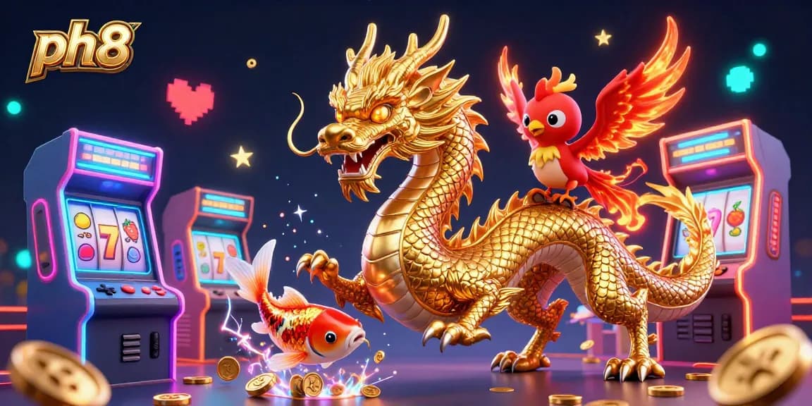 Engage in thrilling slot adventures with ph8, featuring a dragon and phoenix amidst coins and game machines.