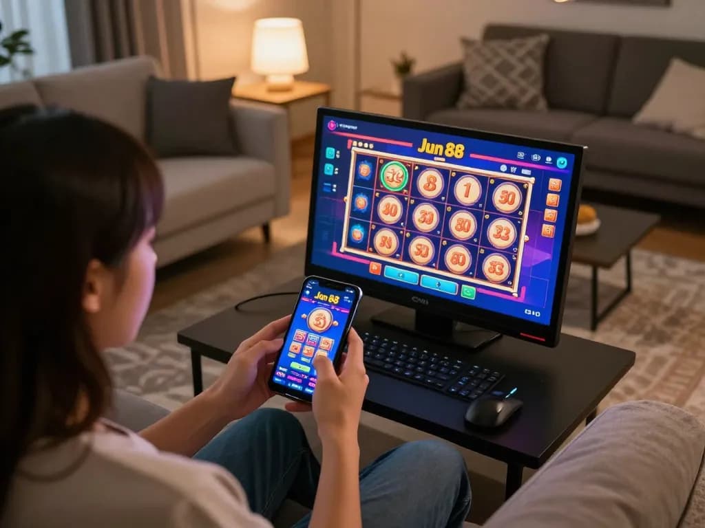Engaging with Jun 88 casino app on smartphone in a cozy living room, signaling excitement in online gambling.
