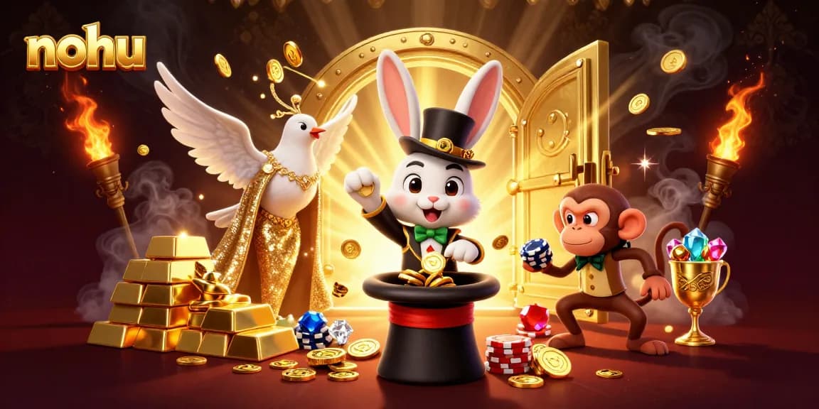 Nohu captivates players with a scene of a magician rabbit pulling coins while vibrant casino elements burst around