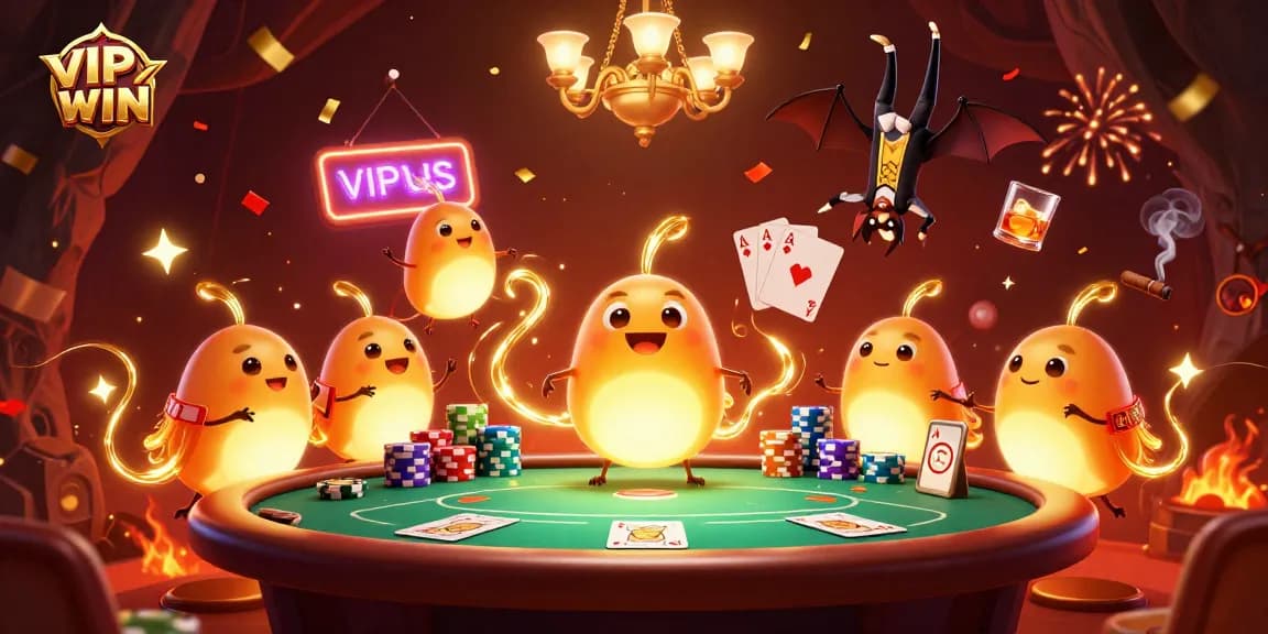 Experience the excitement at VIPWIN with a vibrant casino scene featuring glowing characters and poker excitement.