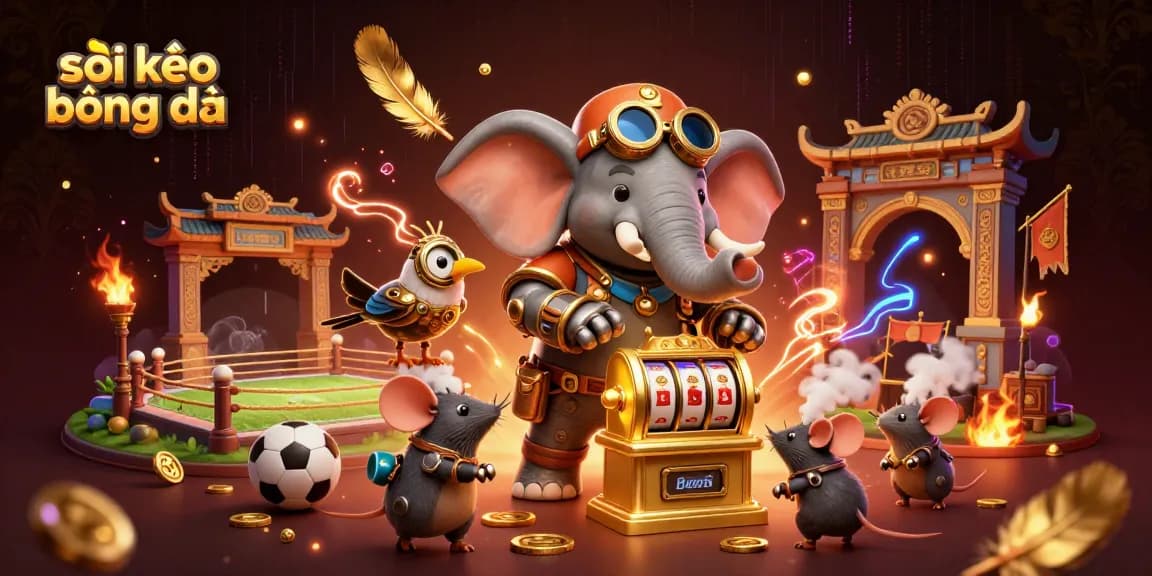 Soi kèo bóng đá scene showcasing a steampunk elephant with a slot machine while surrounded by sports elements and gold coins.