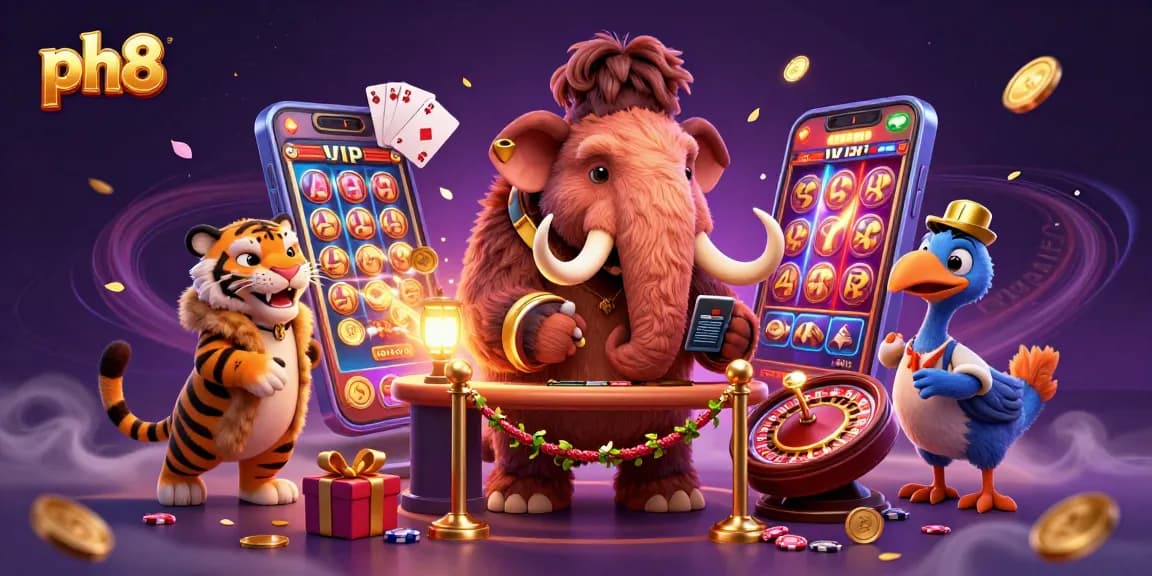 Experience thrilling gaming at ph8 with a cartoon bouncer, VIP guest, and engaging casino elements.