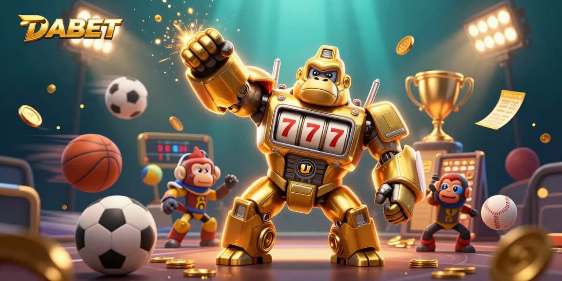 DABET delivers an exciting gaming experience with golden gorilla mech and dynamic sports elements.