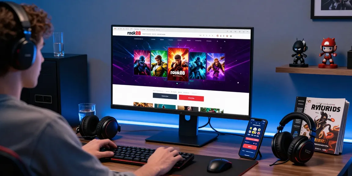 Engaging rokok88 login interface on a sleek desktop setup with vibrant graphics and gaming accessories.