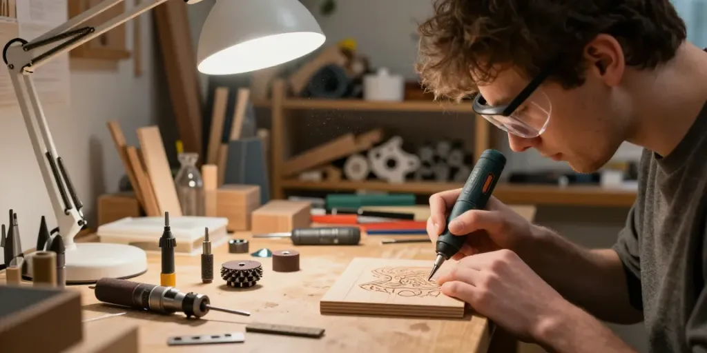 Scena di lavoro in casa con Dremel durante il Black Friday, persona intenta a incidere legno con strumenti Dremel.