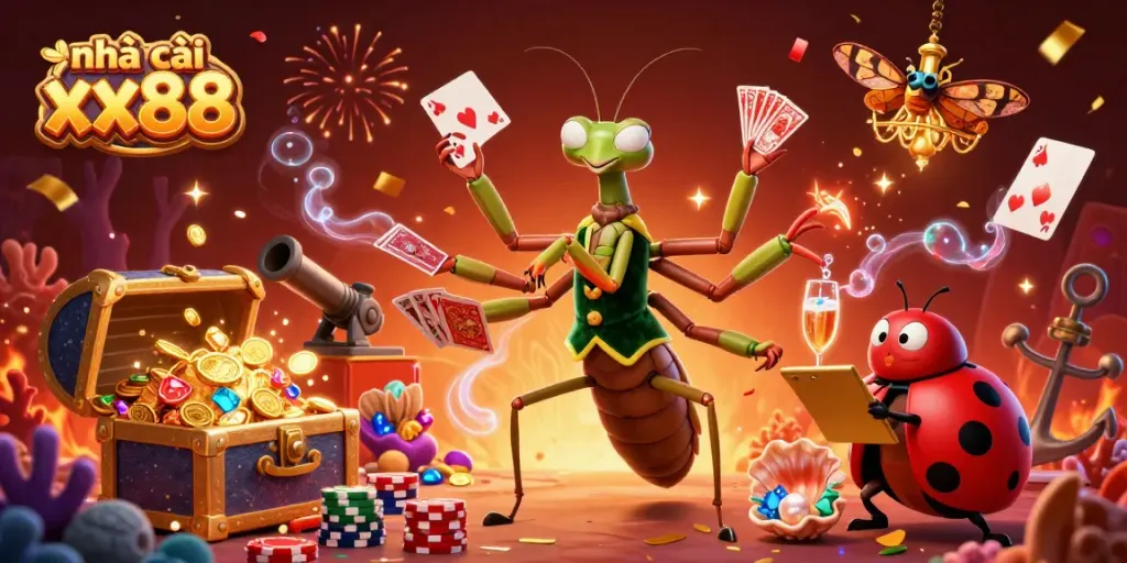 nhà cái xx88 showcases spectacular 3D digital casino scene with colorful characters and energy.