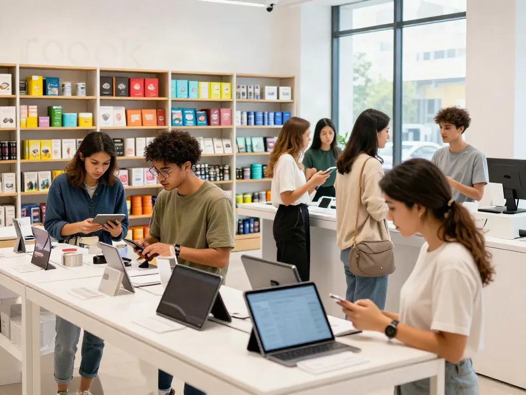 Shoppers engaging with diverse rokok88 products in a modern retail space.