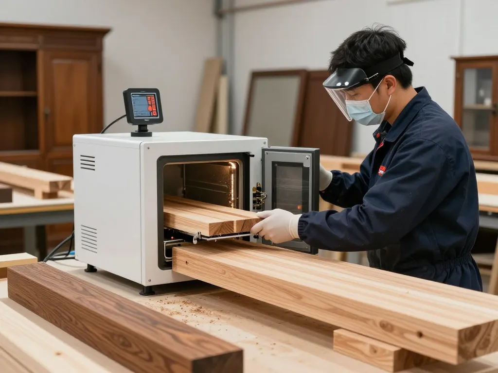 Innovativo trattamento microonde antitarlo in azione con tecnico che tratta travi in legno in un laboratorio moderno.