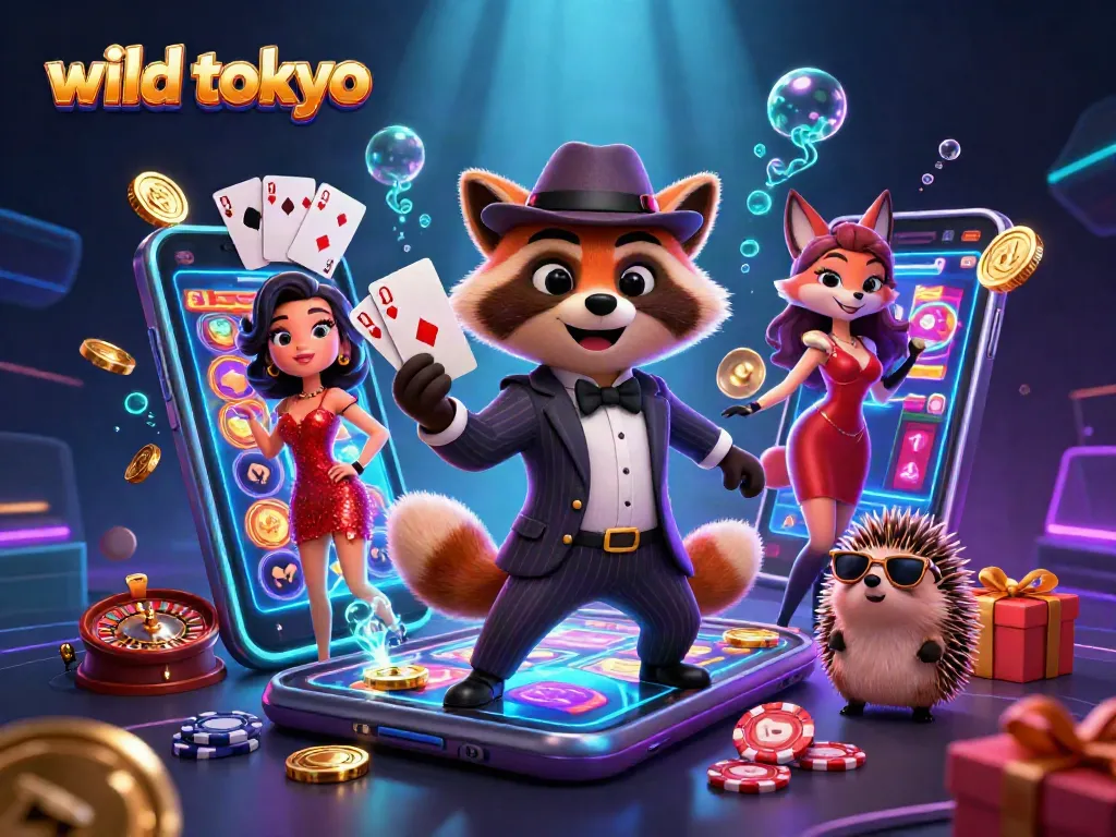 Play exciting slots at wild tokyo with charming characters and dynamic casino elements in a vibrant scene.