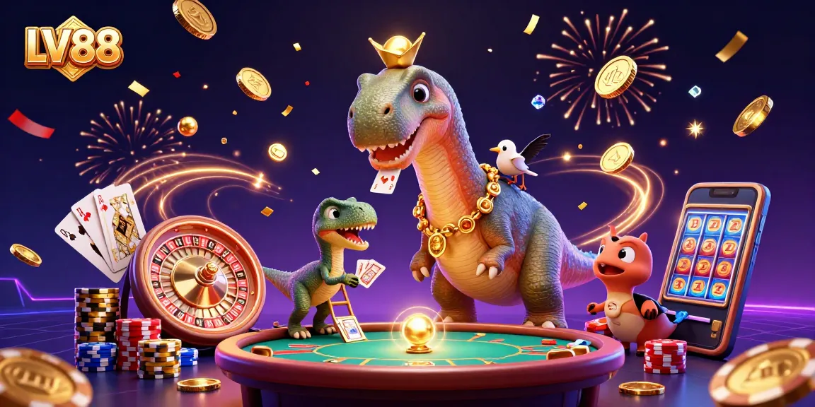 Win big at LV88 with a dazzling casino scene featuring a brontosaurus and exciting game elements.