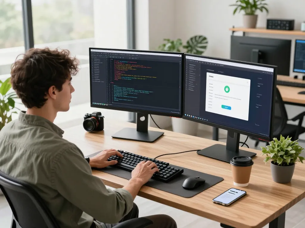 Developer using a mac mini in a modern tech workspace