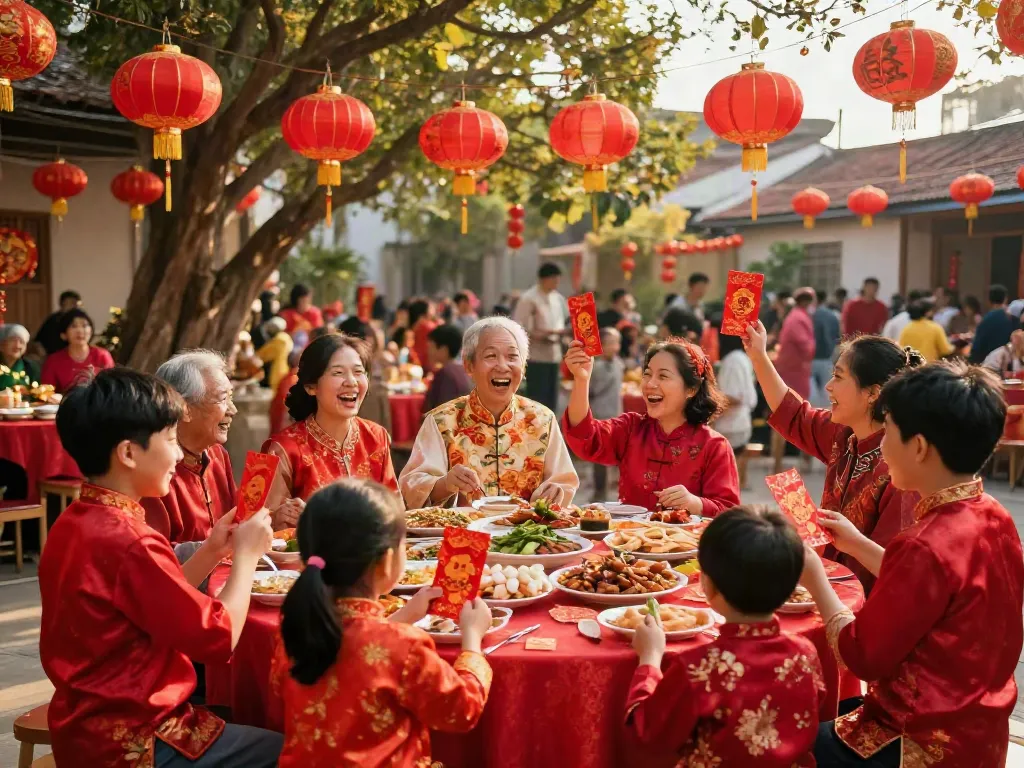 rokok88 link cultural celebration with families celebrating Imlek amidst vibrant red decorations and joy.