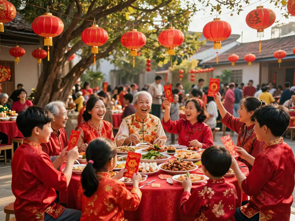 rokok88 link cultural celebration with families celebrating Imlek amidst vibrant red decorations and joy.