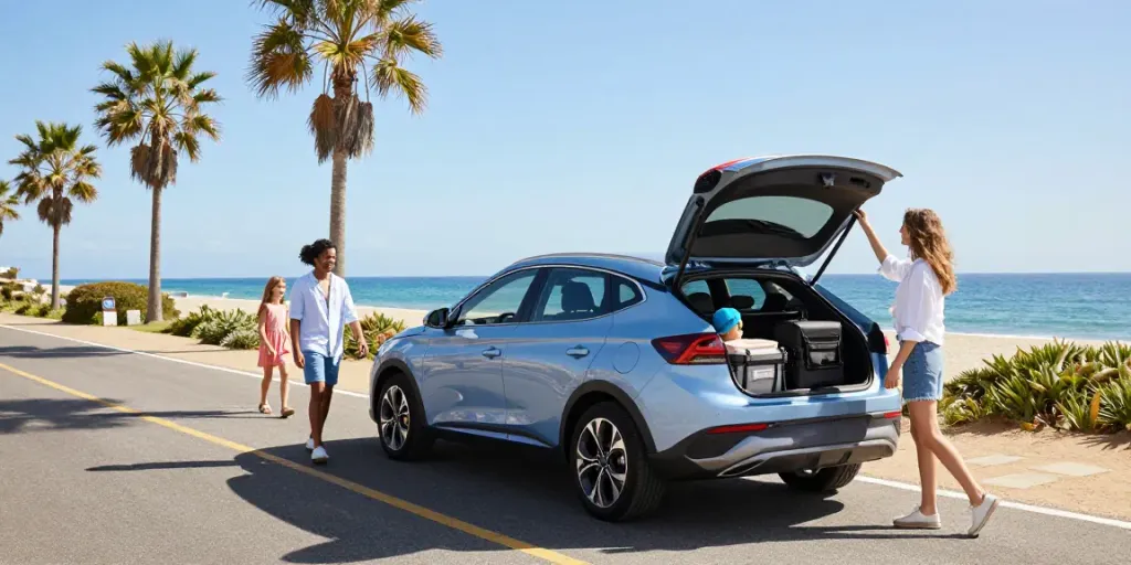 Scena di noleggio lungo termine Hyundai con famiglia in costume da bagno carica bagagli sulla vettura in riva al mare.