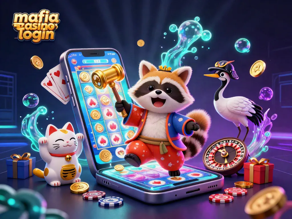 Mafia casino login brings players to an exciting illustration of a tanuki and crane amid dynamic casino elements.